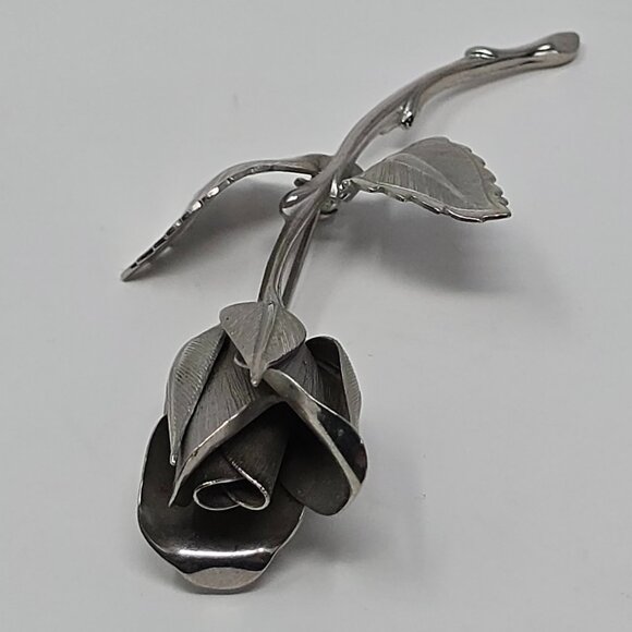 Vintage Rose Brooch Silver Tone Floral Statement Pin 1980s Costume Jewelry - Picture 4 of 15